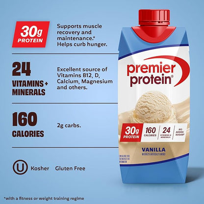 Premier Protein Shake, Vanilla, 30g Protein, No Added Sugar, 24 Vitamins & Minerals to Support Immune Health, 11 fl oz, 12 Pack