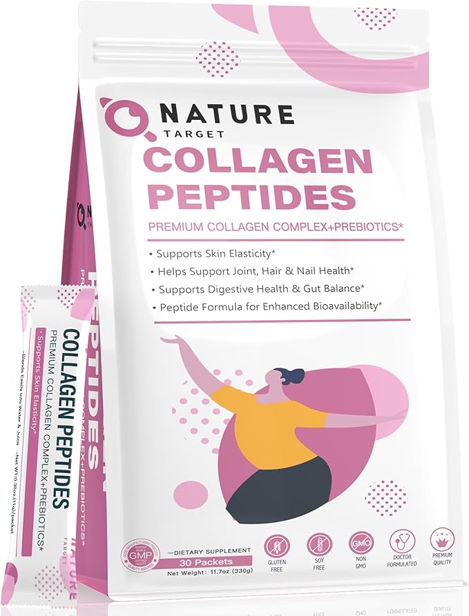 NATURE TARGET Multi Collagen Peptides Powder - Type I, II, III, V, X - Enhanced Absorption, Hydrolyzed Collagen Peptides with Prebiotics, Sugar-Free, Skin Hair Nail & Joint Support, Non-GMO