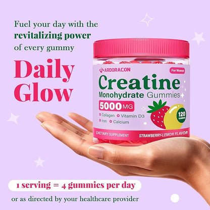 Creatine for Women, Creatine Monohydrate Gummies with Collagen, Vitamin D3 & Calcium for Muscles, Booty & Energy, Flavored Sugar Free Creatine Gummies Post & Pre Workout Supplements for Women, 120 Ct