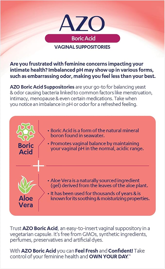 AZO® Boric Acid Vaginal Suppositories for Women, Helps Support Odor Control with Clinically Studied Boric Acid, Non-GMO (Pack of 60)