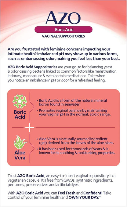 AZO® Boric Acid Vaginal Suppositories for Women, Helps Support Odor Control with Clinically Studied Boric Acid, Non-GMO (Pack of 60)