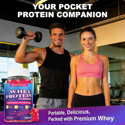 Whey Protein Gummies 10g, Protein Chewables Supplements for Women & Men, Muscle & Energy Support, Bone Health, Strawberry Flavor, 120 Count