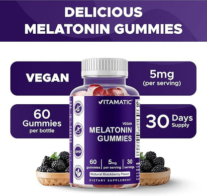 Vitamatic Melatonin Gummies – (2.5 mg, 5 mg & 10 mg Doses) | 60 Vegan Gummies per Bottle | Pack of 2