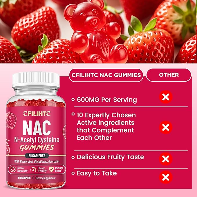 CFILIHTC NAC Gummies 600mg, N Acetyl Cysteine Supplement with Glutathione, Resveratrol, Magnesium, CoQ10, NAC Chewable for Antioxidants & Immune Support, Strawberry Flavor 60 Gummies