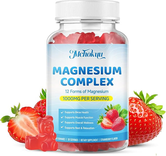 Magnesium Complex Gummies 1000mg | 12-in-1 Magnesium Complex Supplement with Glycinate, Citrate, Malate & Taurate Supports Muscle Function, Bone Health, Rest & Relaxation – Strawberry Flavor, 60 Count