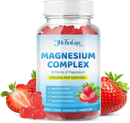 Magnesium Complex Gummies 1000mg | 12-in-1 Magnesium Complex Supplement with Glycinate, Citrate, Malate & Taurate Supports Muscle Function, Bone Health, Rest & Relaxation – Strawberry, 120 Count
