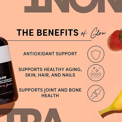 Tranont Glow Liquid Collagen for Women | Multi Collagen Peptides with Hyaluronic Acid & Biotin | Hair, Skin & Nail Support | Hydrolyzed Collagen Shot | Strawberry Banana | 30 fl oz