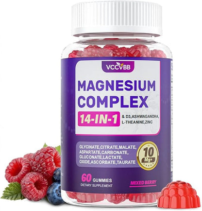 Magnesium Complex Gummies, Ashwagandha, Zinc, Vitamin D3, L-Theanine, Sugar Free 10-in-1 Magnesium with Glycinate Citrate, Malate for Sleep Muscle & Immune Support, 350mg 60-Day Supply (Mixed Berry)