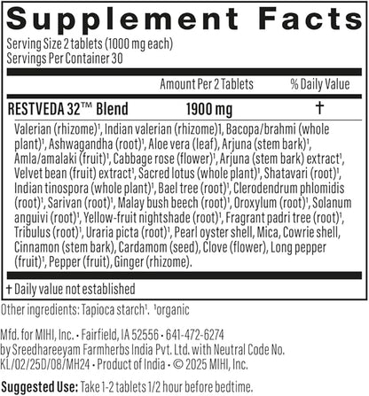 RestVeda 32™ Sleep Support – Ayurvedic Herbal Tablets with Ashwagandha, Brahmi, Valerian & More. Natural, Vegan, Non-Habit Forming Formula for restful, rejuvenating Sleep. 60 Tablets.