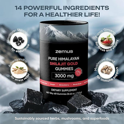 Zemus Himalayan Pure Shilajit Gummies I Lab Tested I Synergistic Blend of Ashwagandha & 5 Mushroom Complex | Fulvic Acid & 85+, Trace Minerals | for Men & Women (60 Count / 8.46 oz, Strawberry)
