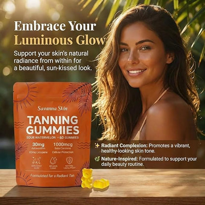 Savanna Skin Sunless Tanning Gummies for Natural Bronze Glow - with Beta Carotene, Vitamin C & E - Vegan & Sugar-Free Skin Hydration Supplement - 60 Count