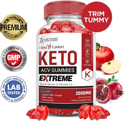 Justified Laboratories Trim Tummy Keto ACV Gummies Extreme 2000MG Trim Tummy Keto Gummies Apple Cider Vinegar Formulated with Pomegranate Beet Juice Powder B12 Vegan Non GMO 60 Gummys