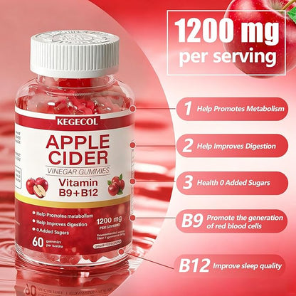 Apple Cider Vinegar Gummy Vitamins - 60 Count - Vitamin B12, Gelatin-Free, Gluten-Free