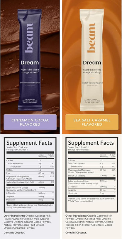 Beam Dream Sleep Powder – Sleep Aid for Adults with Melatonin, Magnesium, L-Theanine, Reishi Mushroom & Apigenin Sleep Supplement, Sleepy Cocoa Bedtime Drink Mix, Starter Set, 10 Servings & Frother