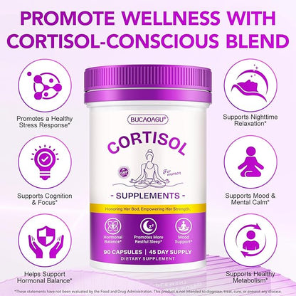 Cortisol Supplements for Women - Cortisol Reducer & Stress Support - Magnolia Bark, Rhodiola Rosea, Holy Basil, Magnesium, Phosphatidylserine - Hormone Balance & Mood, Focus, Sleep Support