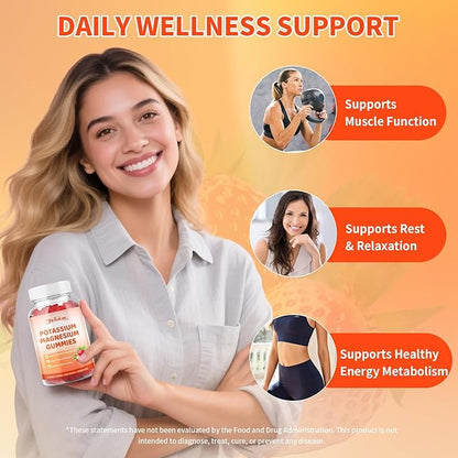Potassium Magnesium Gummies – High Absorption Magnesium Glycinate – Magnesium Potassium Supplement Gummies with Vitamin B6, D3, B12 for Muscle Support, Sugar-Free Strawberry Flavor, 120 Count