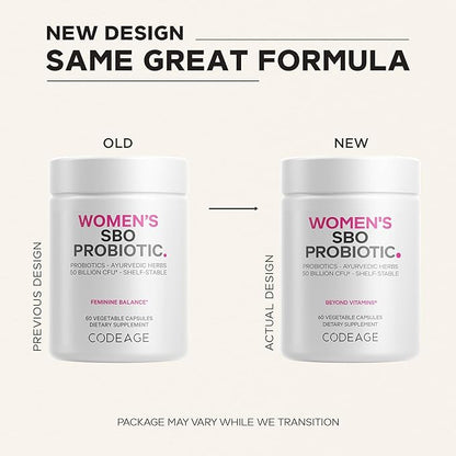 Codeage Women’s Probiotics Supplement - 50 Billion CFUs - SBO Probiotics & Prebiotics - Cranberries - Feminine Health - Fermented Botanical Blend, Whole Food Supplement - Vegan, Non-GMO - 60 Capsules