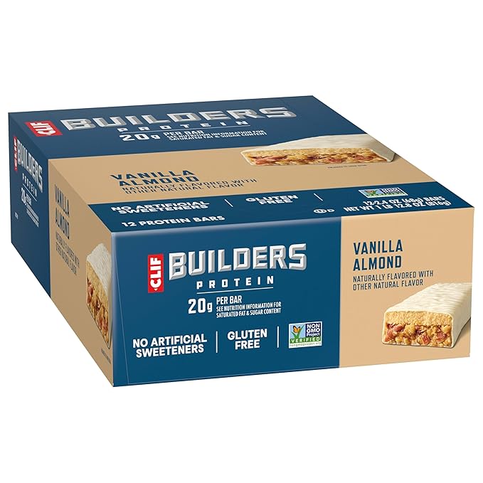 CLIF BUILDERS Protein Bars - Vanilla Almond Flavor - 20g Plant Based Protein - Gluten Free - Non-GMO - Low Glycemic - No Artificial Sweeteners - 2.4 oz. (12 Pack)
