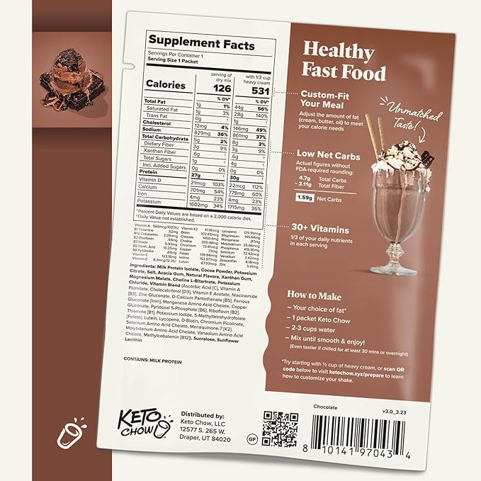 Keto Chow Chocolate | Keto Meal Replacement Shake Powder | Nutritionally Complete | Low Carb | Delicious Easy Meal Substitute | Protein Rich You Choose The Fat | Single Meal Sample