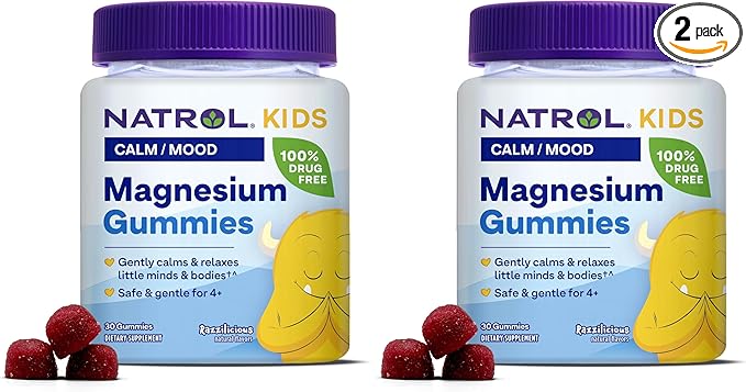 Natrol Kids Magnesium Citrate Gummies, Gently Calm & Relax Little Minds and Bodies, Plus Support Healthy Muscle Relaxation and Function, 30 Razzilicious Gummies, Up to a 30 Day Supply, (Pack of 2)