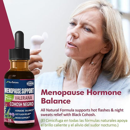 Black Cohosh Liquid Drops for Menopause Hot Flashes, 8-in-1 Herbal Supplements Tincture w/Red Clover, Motherwort Extract for Night Sweats. Cimicifuga & Valeriana para Menopausia. 2oz