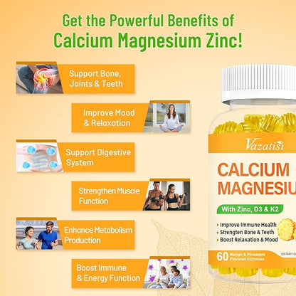 Calcium Magnesium Zinc Gummies with Vitamin D3 and K2, High Absorption Magnesium Glycinate Potassium for Immune and Calm Mood, Vegan Mango and Pineapple Flavor 120 Gummies