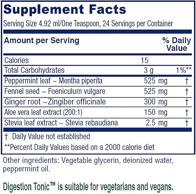Vitanica Digestion Tonic, Gas and Bloating Relief Supplement, Organic, Improve Digestive Function & Gut Health, for Women & Men, Peppermint Oil Fennel Ginger & Aloe Vera Vegan, 4 Oz