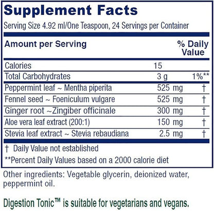 Vitanica Digestion Tonic, Gas and Bloating Relief Supplement, Organic, Improve Digestive Function & Gut Health, for Women & Men, Peppermint Oil Fennel Ginger & Aloe Vera Vegan, 4 Oz