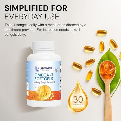 Leowell Omega-3 Softgels – High Potency EPA 432 mg & DHA 288 mg Fish Oil Supplement – 720 mg Total – 30 Softgels – Supports Heart, Brain & Joint Wellness – Fish Oil Pills, Omega 3 Supplement