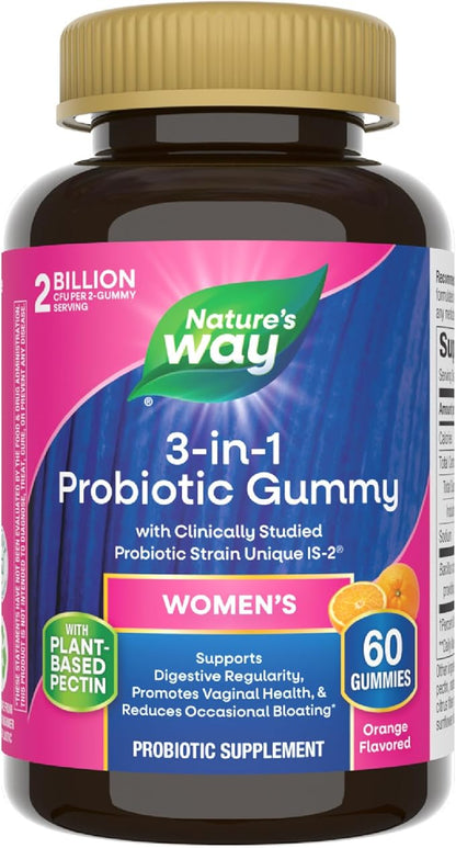 Nature’s Way 3-in-1 Women’s Probiotic Gummies, Reduces Occasional Bloating*, Supports Digestive & Vaginal Health*, Clinically Studied Probiotic Strain, Gluten Free, Orange Flavored, 60 Gummies