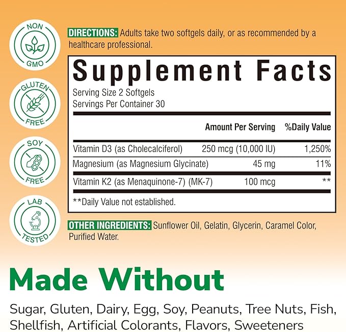 Vitalibre Vitamin D3 K2 + Magnesium Supplement, 10000 IU Vitamin D3 & 100 mcg K2, with Magnesium Glycinate, Bone, Teeth, Immune & Energy Support, High Absorption, Non-GMO, Easy to Swallow, 60 Softgels