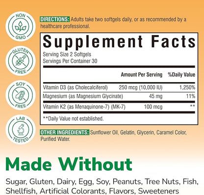 Vitalibre Vitamin D3 K2 + Magnesium Supplement, 10000 IU Vitamin D3 & 100 mcg K2, with Magnesium Glycinate, Bone, Teeth, Immune & Energy Support, High Absorption, Non-GMO, Easy to Swallow, 60 Softgels