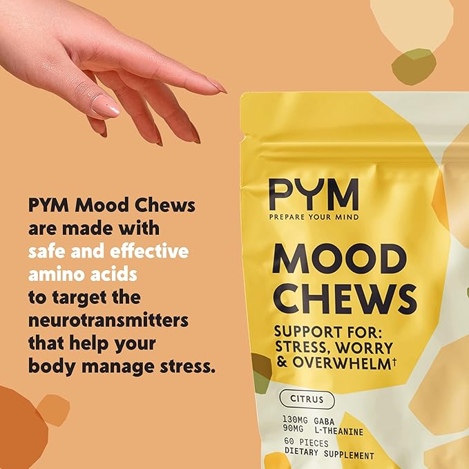 PYM Citrus Mood Chews Support for Stress, Worry & Overwhelm, 60 Count | 130mg GABA, 90mg L-Theanine | Vegan,Non-GMO, Gluten-Free,No Added Sugar | All-Natural Mood Balance Supplement in Resealable Bag