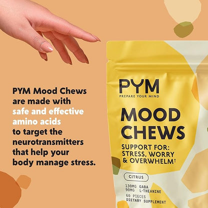 PYM Citrus Mood Chews Support for Stress, Worry & Overwhelm, 60 Count | 130mg GABA, 90mg L-Theanine | Vegan,Non-GMO, Gluten-Free,No Added Sugar | All-Natural Mood Balance Supplement in Resealable Bag