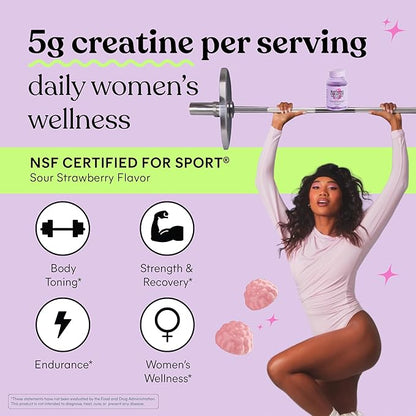 Lemme Creatine Monohydrate Gummies for Women and Men, 5g Dose to Support Lean Muscle, Strength, Recovery, Cognitive Health, w/Ginseng for Absorption, Sour Strawberry, NSF Certified, 60 Gummies