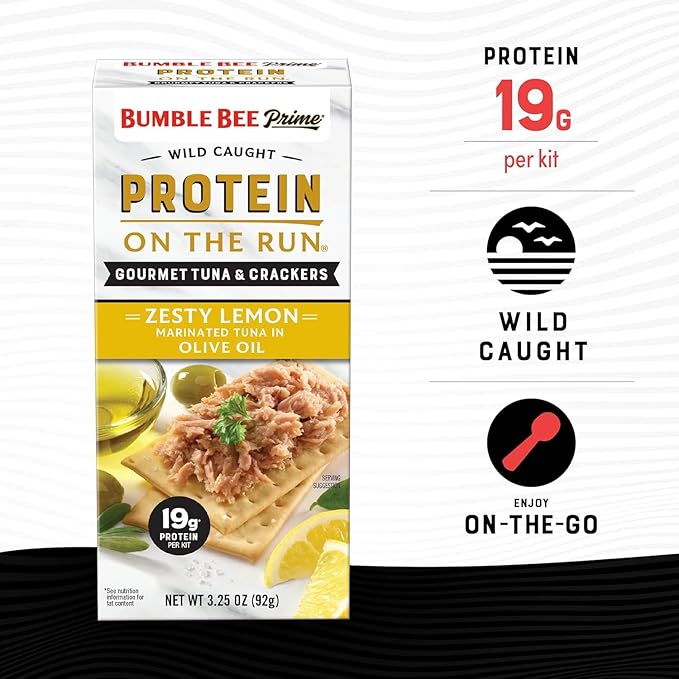 Bumble Bee Prime Protein on the Run Tuna Snack Kit - Gourmet Tuna Marinated in Olive Oil & Zesty Lemon with Crackers and Serving Utensil - 19g of Protein Per Serving (Pack of 3), Easy Open Cans