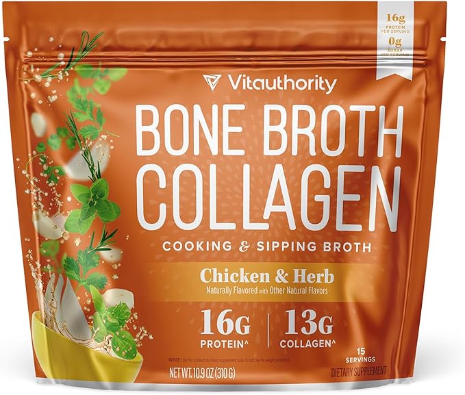 Vitauthority Bone Broth Collagen Delicious Chicken Noodle Flavored - Packed with 16g of Protein & Types I, II, III - Nourishes Skin, Hair, Nails, Joints, & Gut - Beef BoneBroth