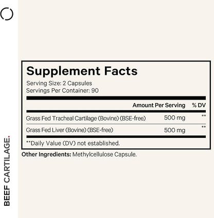 Codeage Grass Fed Beef Cartilage Supplement - Freeze Dried, Non-Defatted, Desiccated Beef Tracheal Bovine Cartilage & Liver Pills – Pasture Raised Argentina Beef Vitamins - Non-GMO -180 Capsules