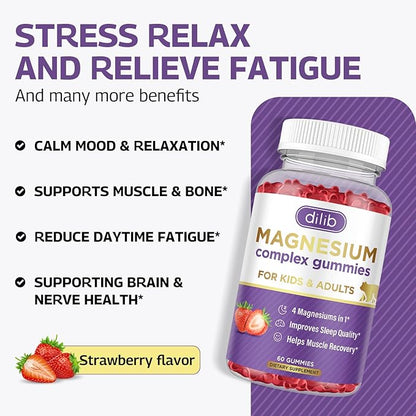 Magnesium Complex Gummies for Kids & Adults- Calm Chewable Gummies- Magnesium Glycinate, Taurate, Citrate, Malate, Supplement-Support Calm Stress Relief, Mood Vegan, Strawberry Flavor,120ct