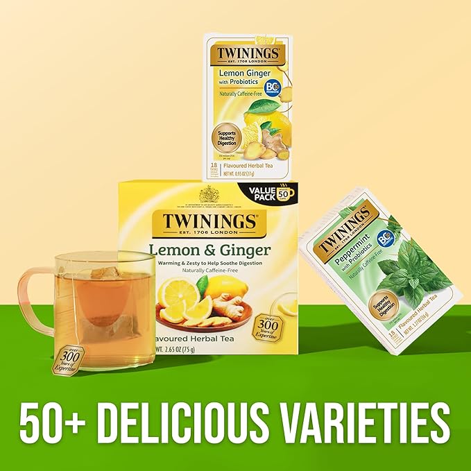 Twinings Lemon & Ginger with Probiotics Flavoured Herbal Tea, Supports Healthy Digestion, Naturally Caffeine-Free, 18 Tea Bags (Pack of 6), Enjoy Hot or Iced, 108 Teabags