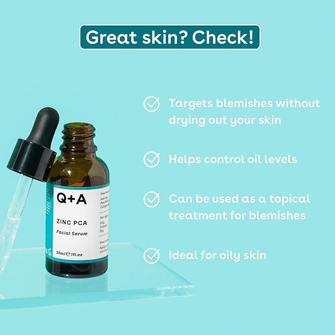 Q+A Zinc PCA Facial Serum (30ml), 99% Natural, Pore-Refining & Firming Serum with Zinc PCA and Reishi & Shiitake Mushrooms, Reduces Redness & Blemishes, Fragrance Free, Vegan & Cruelty Free Skincare