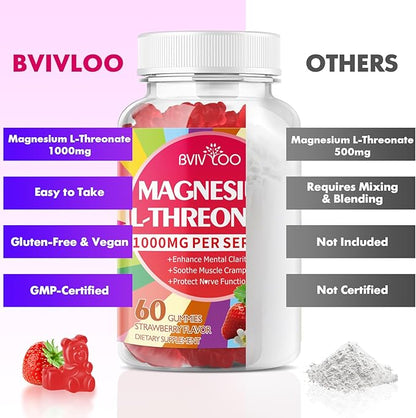 1000mg Magnesium L-Threonate Gummies for Kids & Adults - Muscle & Nervous System Support, Vegan, Sugar-Free Strawberry Flavor, 60 Gummies