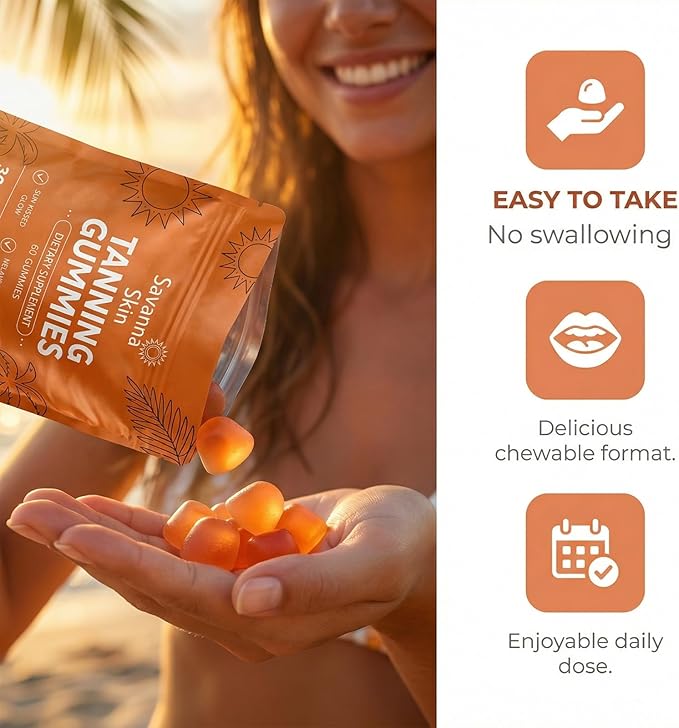 Savanna Skin Tanning Gummies, with Vitamin C & E, Astaxanthin, Beta Carotene, Skin Radiance & Hydration for Natural Looking Glow, Bronzing, Non-GMO, Vegan & Sugar Free - 60 Count (1)