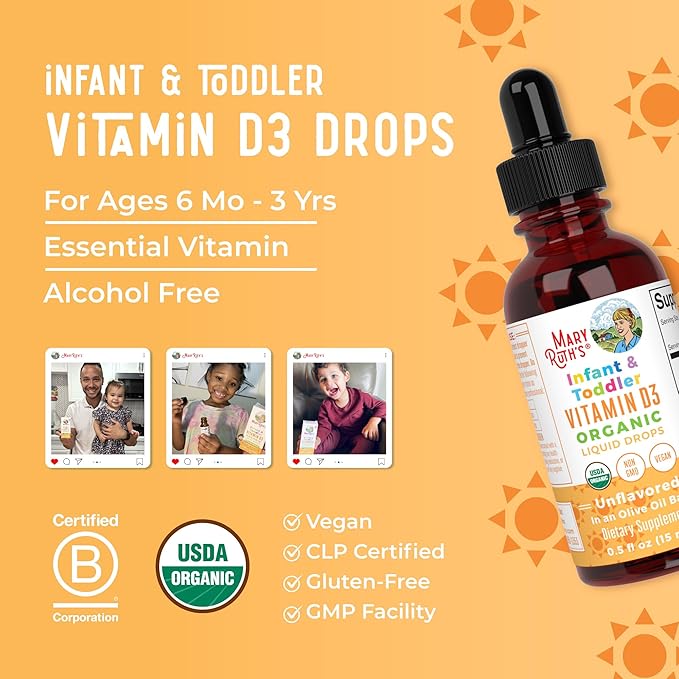 MARYRUTH'S USDA Organic Vitamin D Drops | Vitamin D3 Liquid | Sugar Free | Liquid Vitamin D Drops Immune Support for Infants & Toddlers | VIT D3 | Gluten Free | Non-GMO | 90-150 Servings