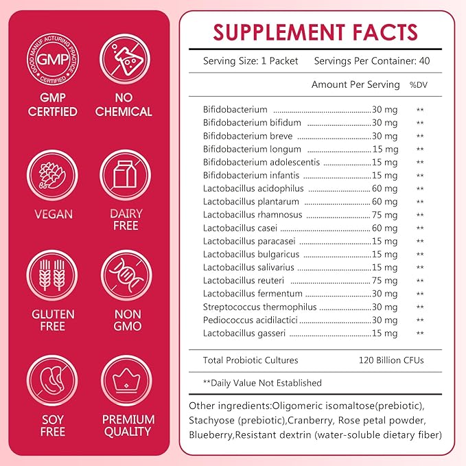 Women's Probiotic Powder - 120 Billion CFUs, 20 Strains, Cranberry Extract & 3 Prebiotics, Help for Immune Booster, Digestive Health, Vaginal & Urinary Health, 40 Packets