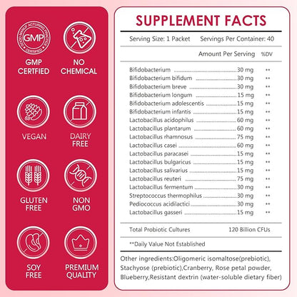 Women's Probiotic Powder - 120 Billion CFUs, 20 Strains, Cranberry Extract & 3 Prebiotics, Help for Immune Booster, Digestive Health, Vaginal & Urinary Health, 40 Packets