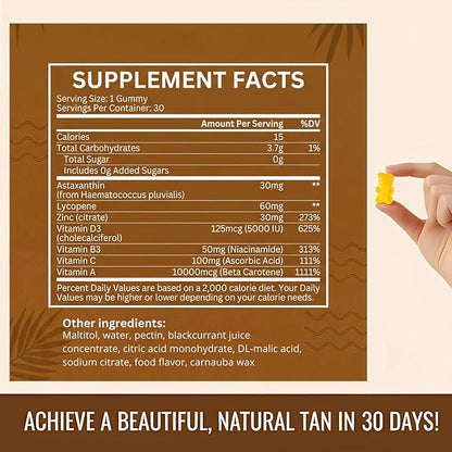 Tanning Gummies, Tanning Gummies for Women, with Astaxanthin Lycopene and Vitamins, Vegan & Sugar Free - 60 Count (1pcs)