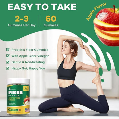 9G Fiber Gummies for Digestive Health & Regularity - No Sugar Added Apple Flavor - Prebiotic Fiber Supplement with Greens - Daily Gummies for Adults, Women & Men - 60CT