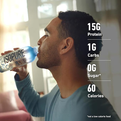 Isopure Clear Protein Water with Electrolytes, 15g Whey Protein Isolate, Zero Sugar, Unflavored, 20 fl oz Bottles, 12-Pack