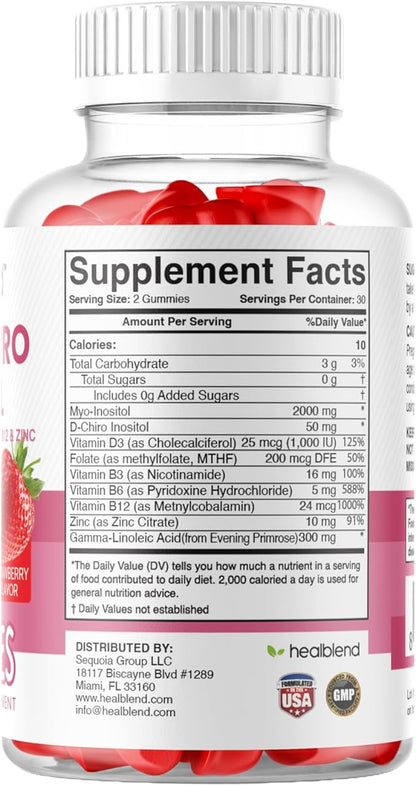 healblend Myo & D-Chiro Inositol Gummies - PCOS Support for Women, Hormone Balance, Fertility & Ovulation - with Methylfolate, Vitamin D3, Zinc, Evening Primrose - Strawberry, Sugar-Free, 60ct (3)